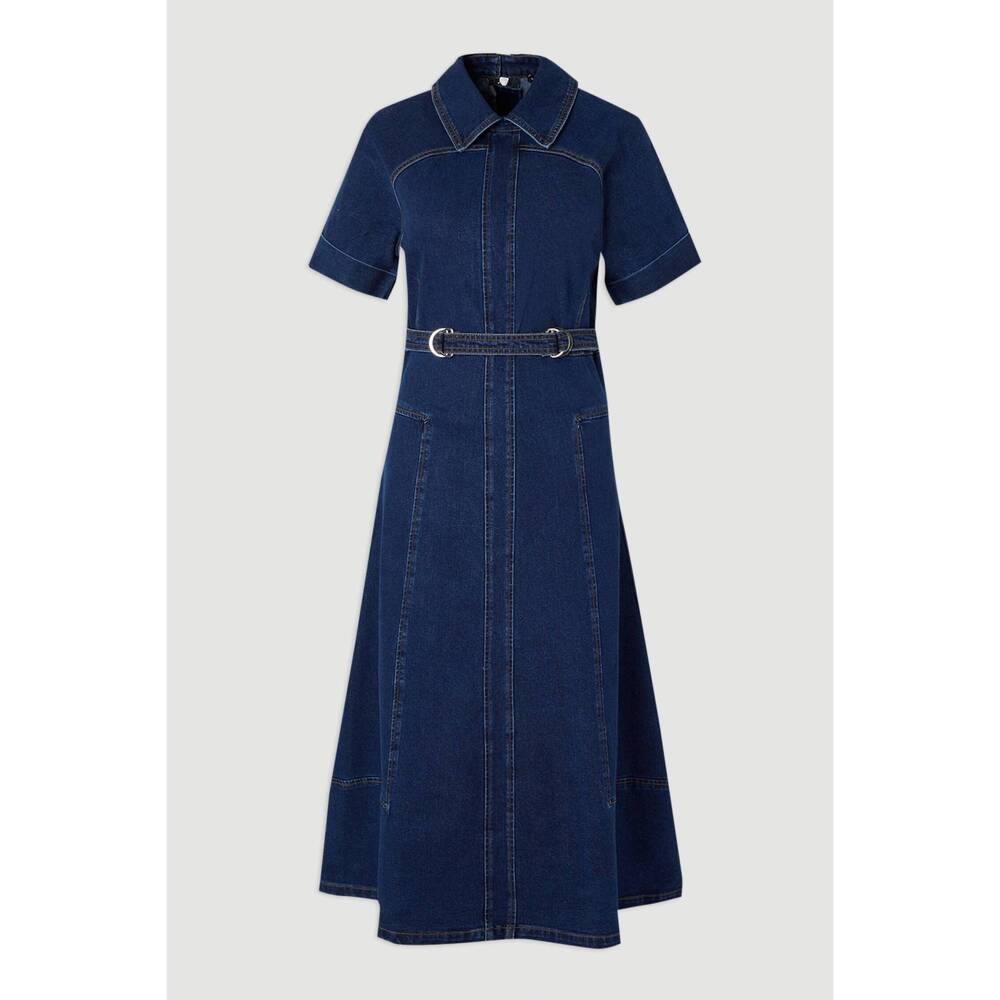 NEW KAREN MILLEN stretch denim tab belt midi dress - petite in mid wash - Picture 4 of 4